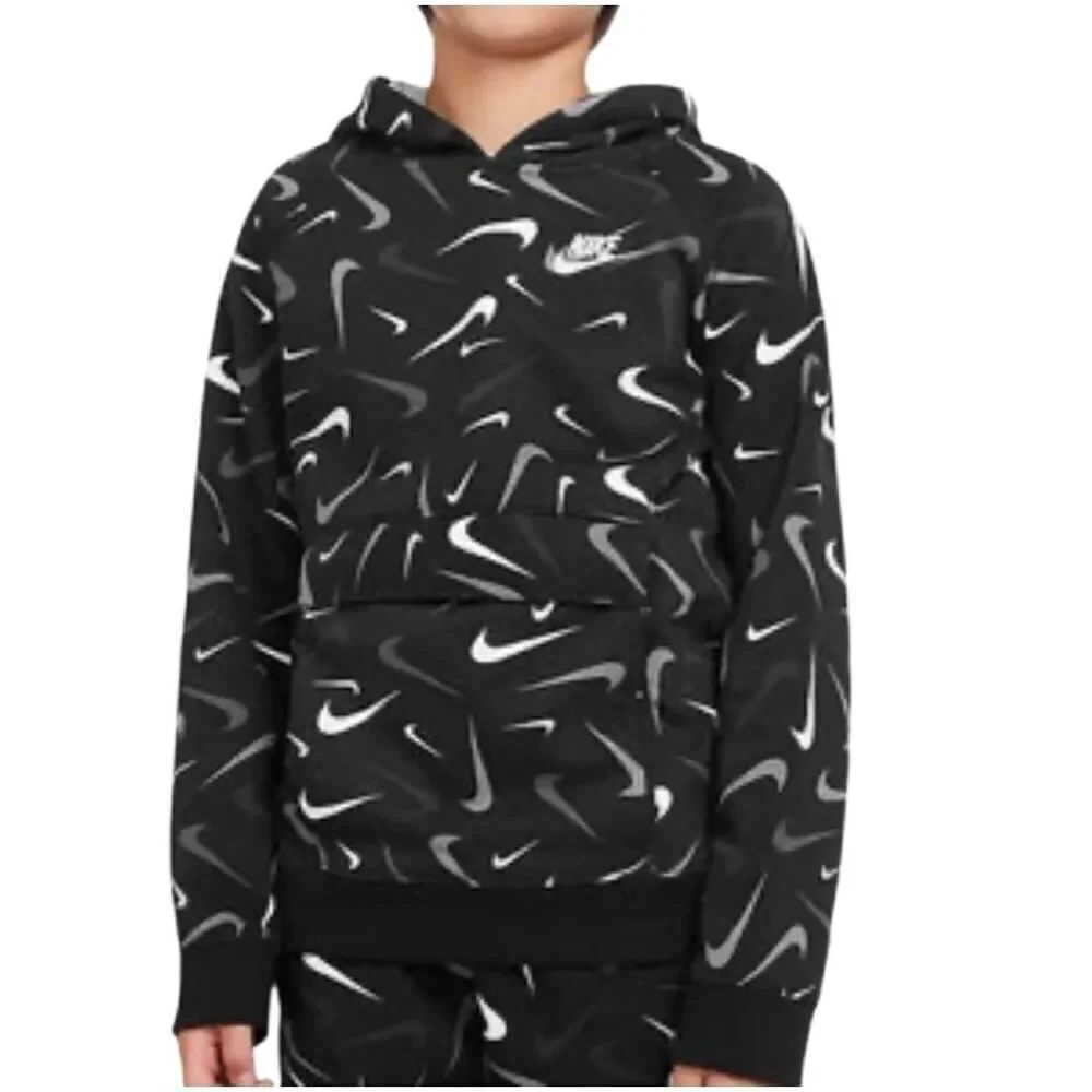 Nike Boys' NSW Club All Over Print Hoodie in black and white XL